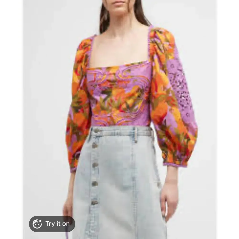 Farm Rio Mango Macaw Tropical Pattern Puff Sleeve Crop Top